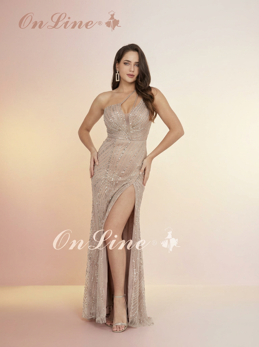 Rose gold sequin one-shoulder gown
